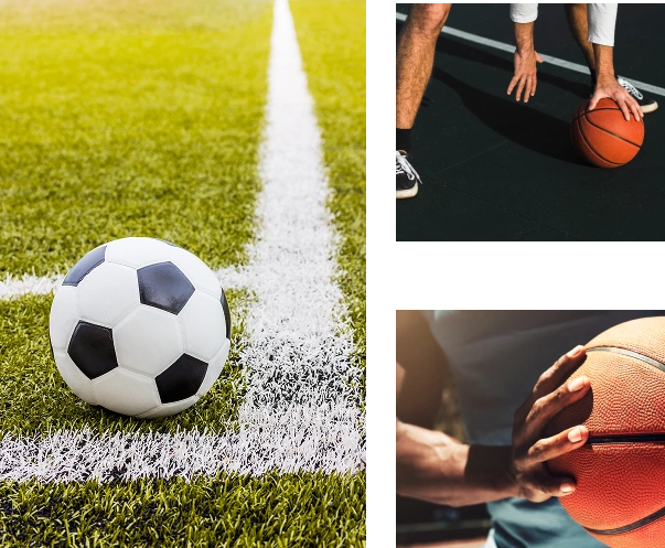 Sports collage featuring a football on a green field alongside close-up basketball action photography on a dark background.